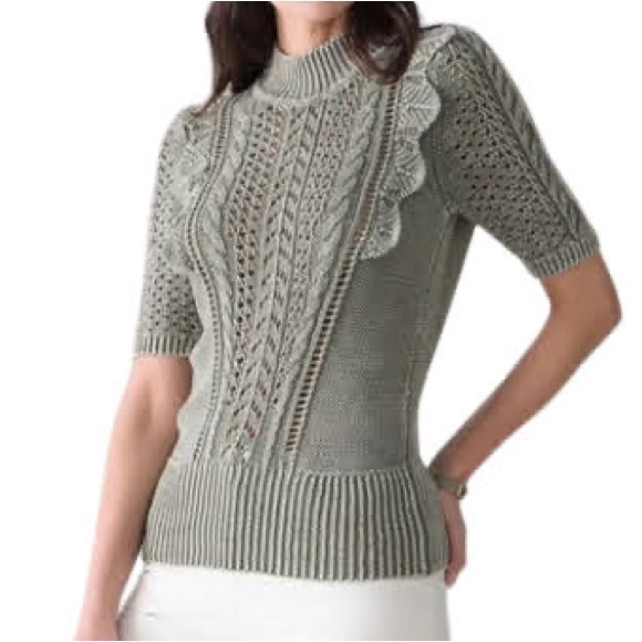 White House Black Market Sweaters - White House Black Market Green Ruffle Short Sleeve Sweater Knit Cotton Sz S